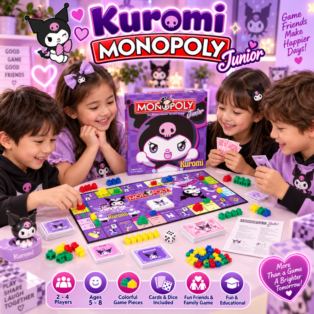 Kids playing Monopoly Junior Kuromi edition