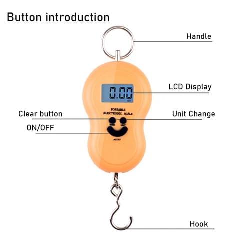 Hanging digital scale with handle, LCD display, buttons and hook