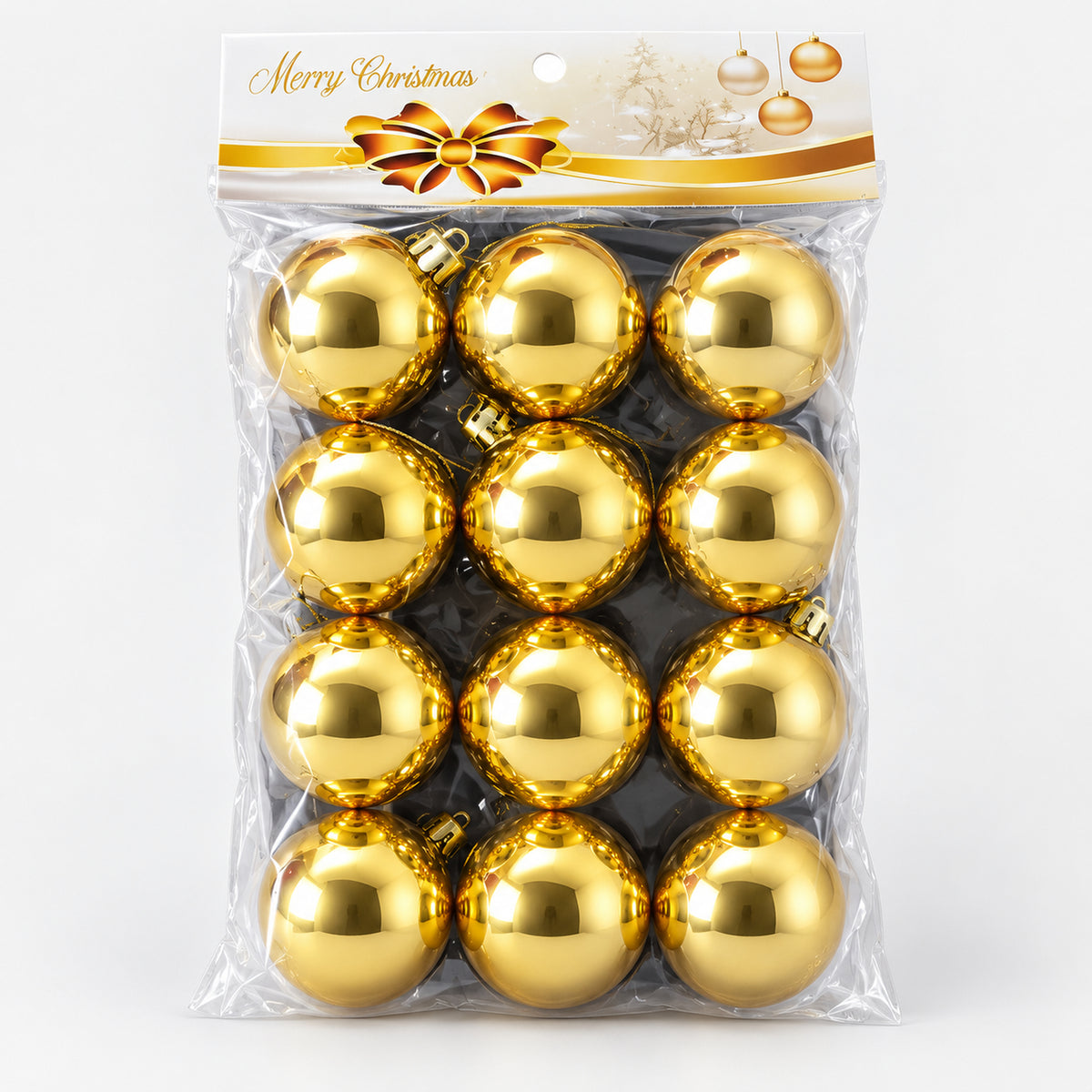 Pack of 12 shiny gold Christmas balls, 4 cm, in its Merry Christmas bag