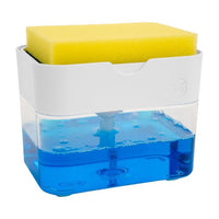 Soap dispenser with sponge on top and clear tank full of dish soap