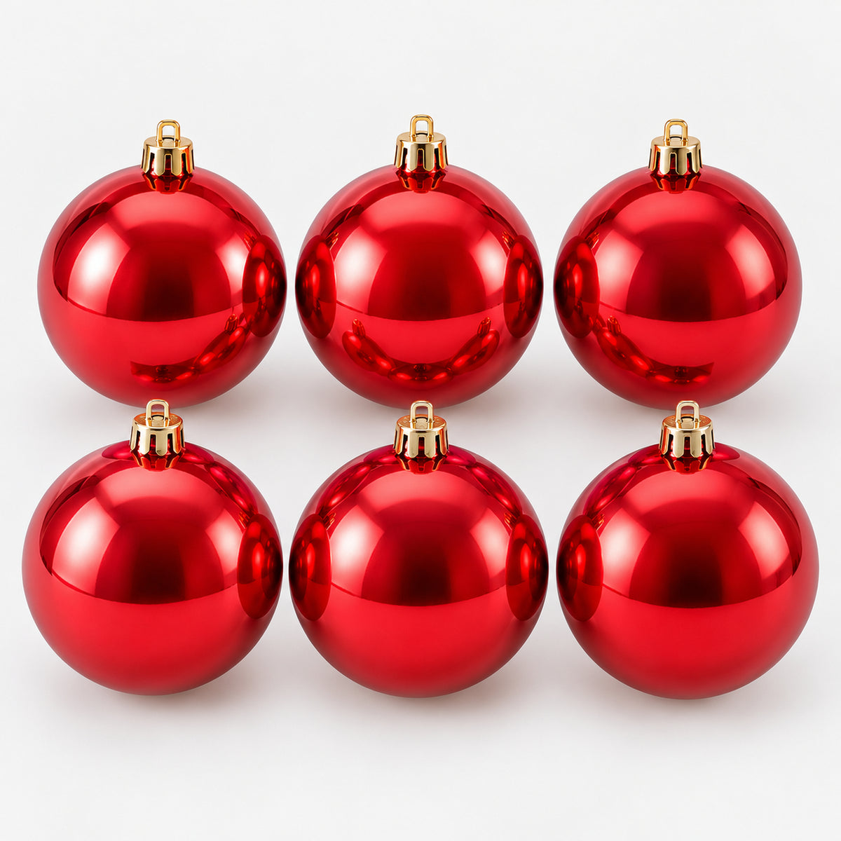 6 shiny red Christmas balls, 8 cm each