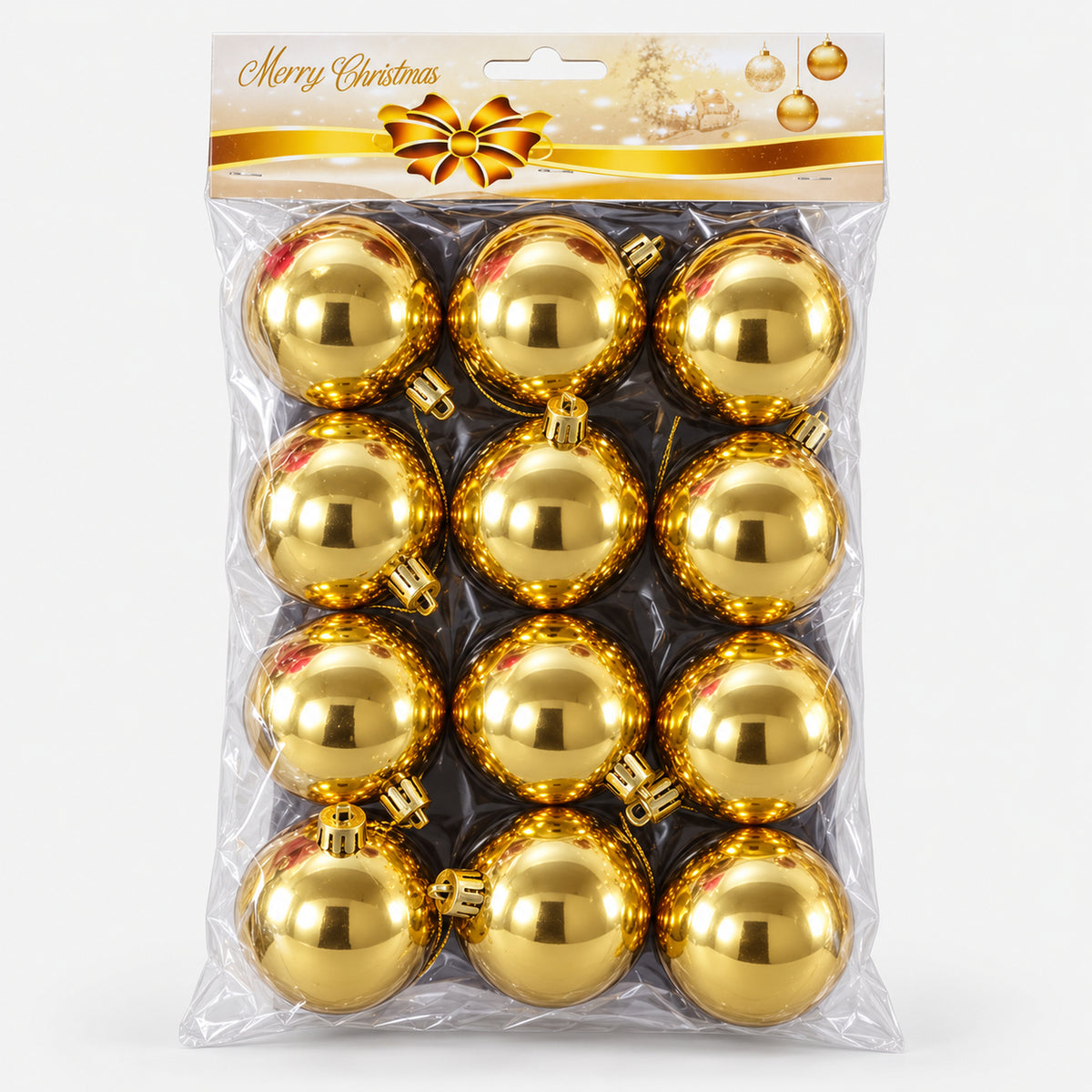 Pack of 12 shiny gold Christmas balls, 6 cm, in its Merry Christmas bag