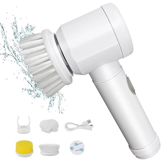 White electric cleaning brush with 3 heads, wall holder, sticker and USB cable