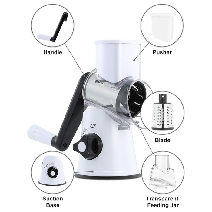 Rotary grater parts: handle, pusher, drum blade, suction base and feeding jar