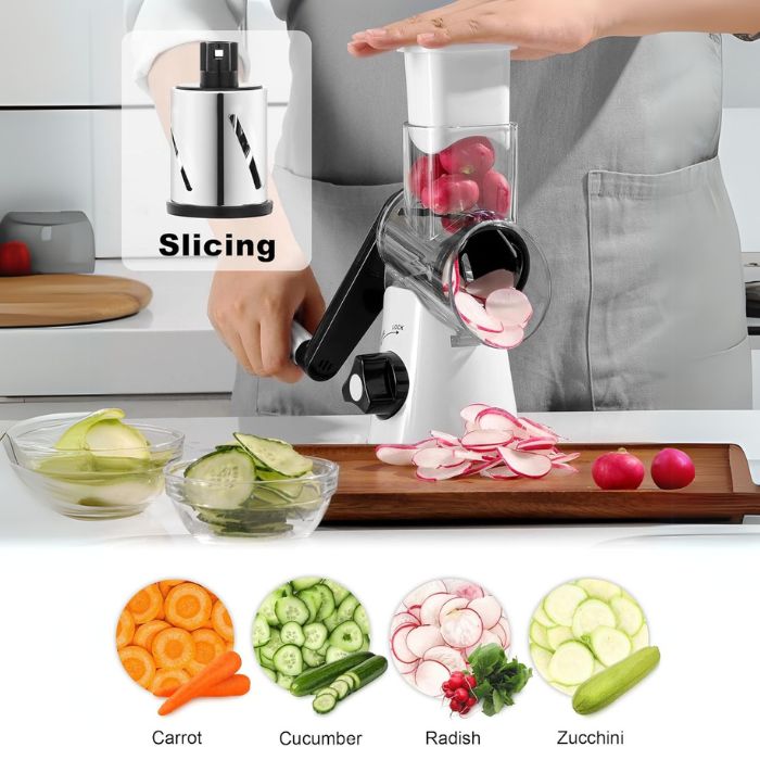 Manual rotary grater and slicer with hand crank