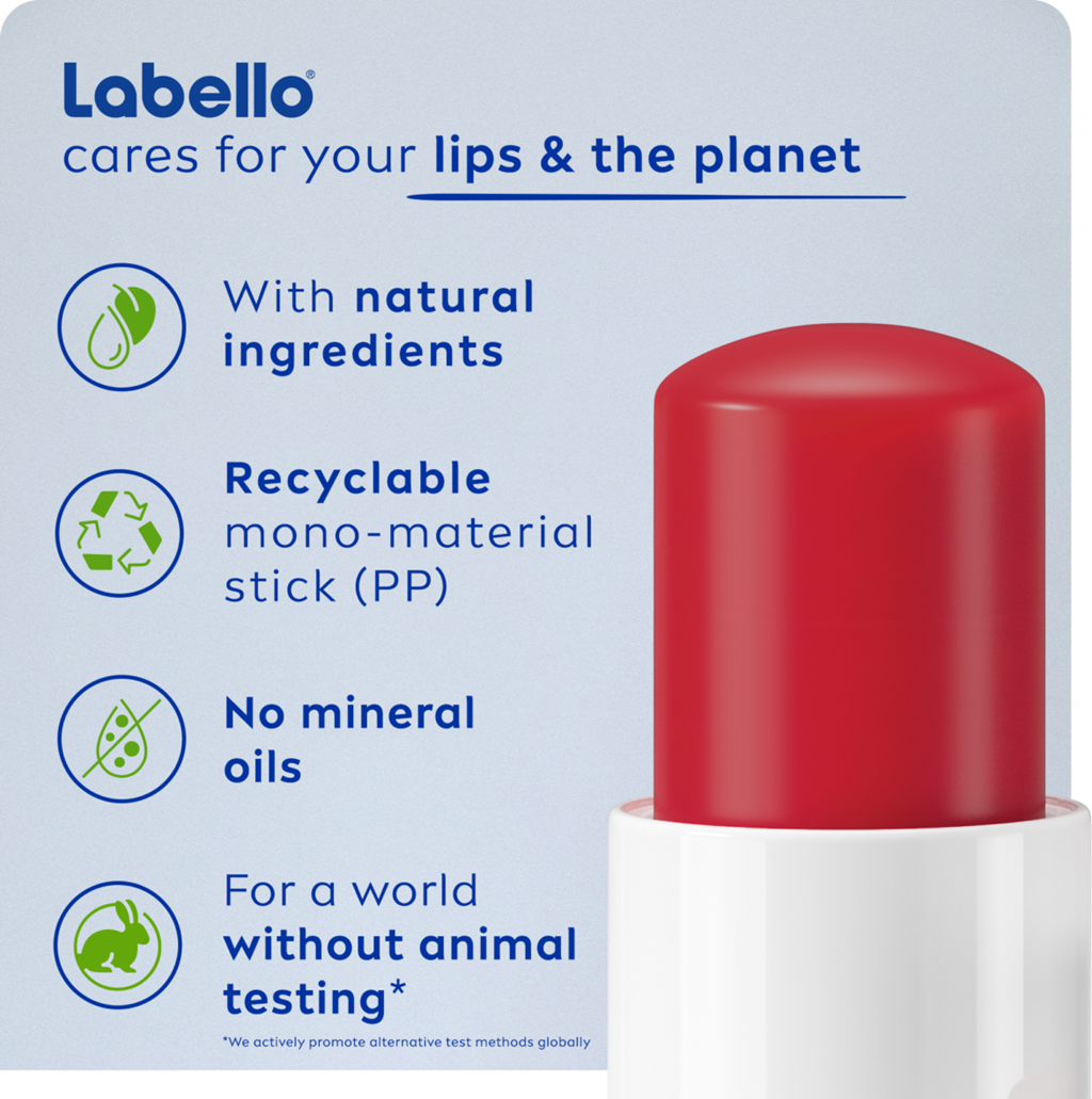 LABELLO lip balm with natural ingredients, no mineral oils and recyclable stick