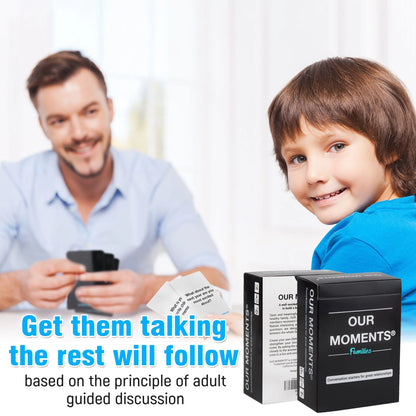 Father and son talking with OUR MOMENTS Families cards