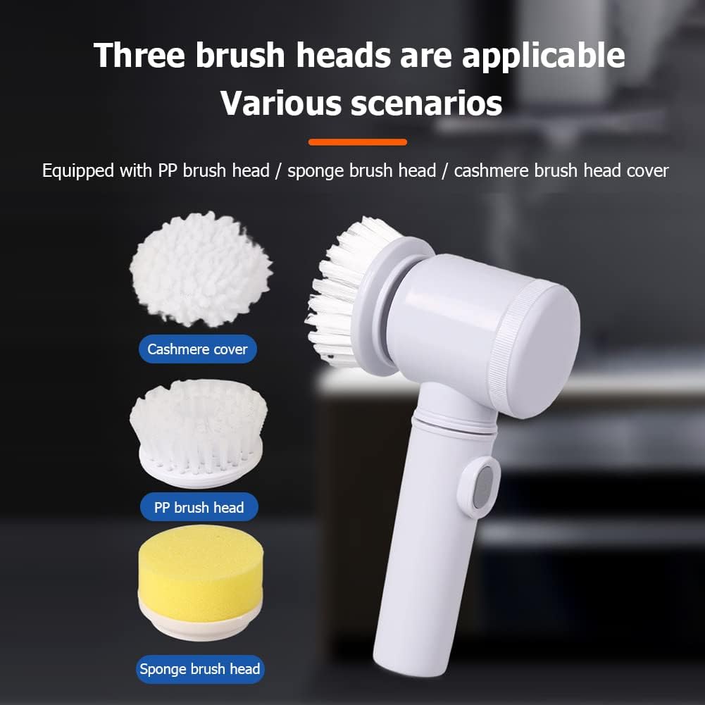 Electric cleaning brush with 3 heads: soft cloth cover, bristle brush and sponge