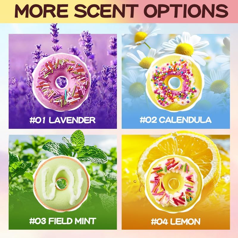 Donut bath bomb scents: lavender, calendula, field mint and lemon