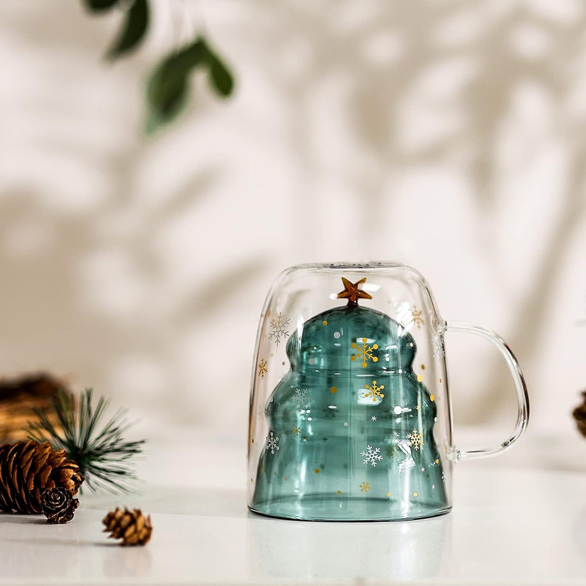 Green Christmas tree double-wall glass mug with gold stars