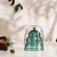 Green Christmas tree double-wall glass mug with gold stars