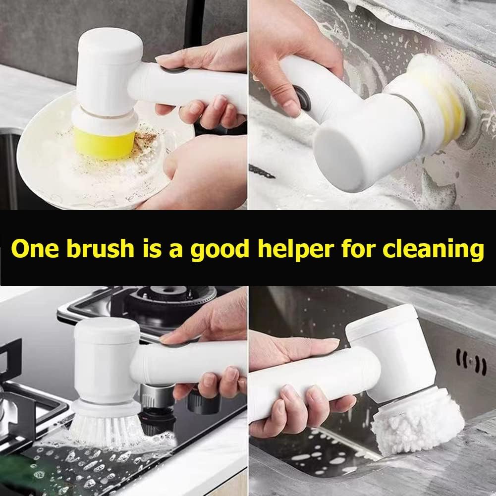 Electric cleaning brush cleaning a plate, a sink, a stove and a counter
