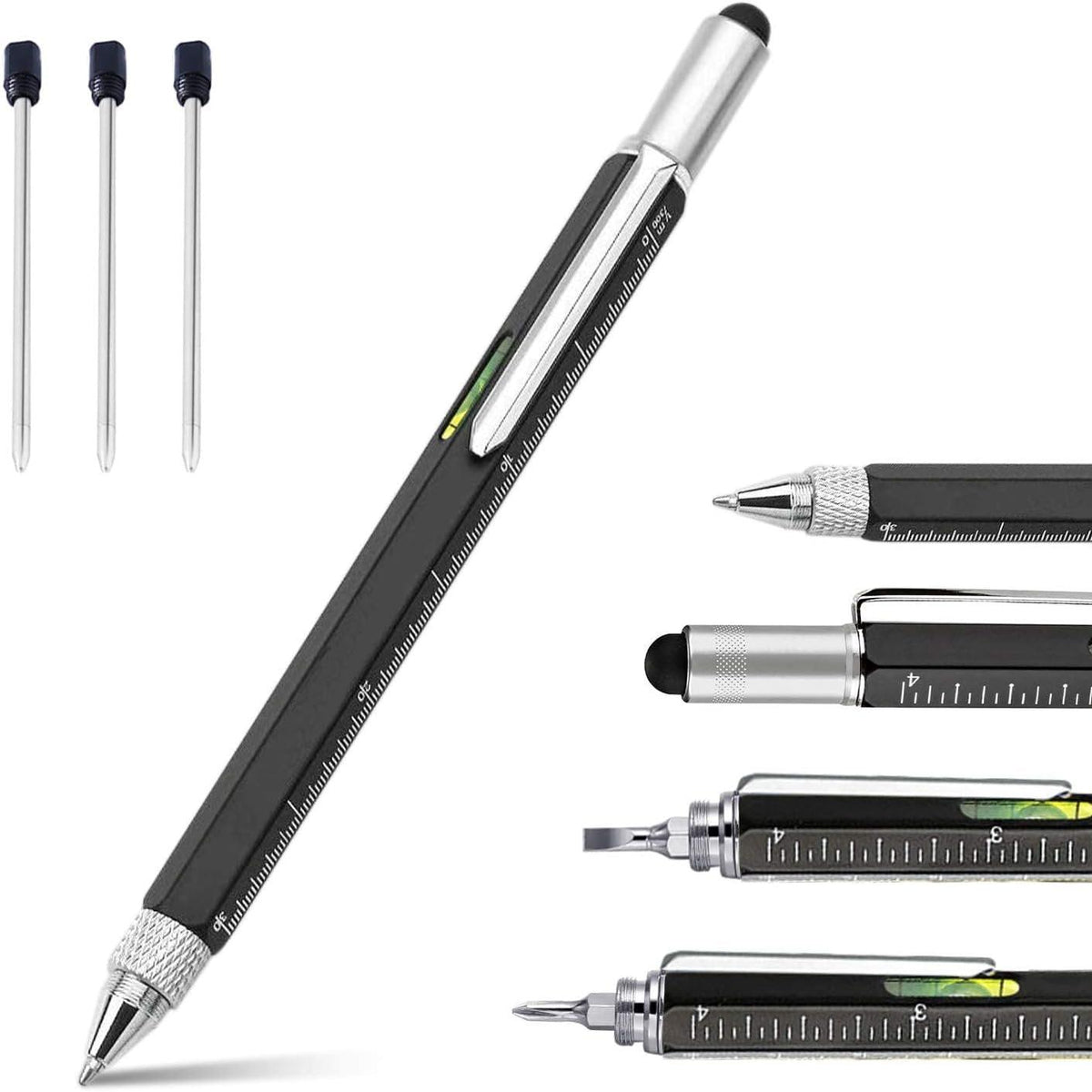 Black 6-in-1 multifunctional pen and its tools