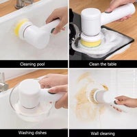 Electric cleaning brush cleaning a sink, a table, dishes and a wall