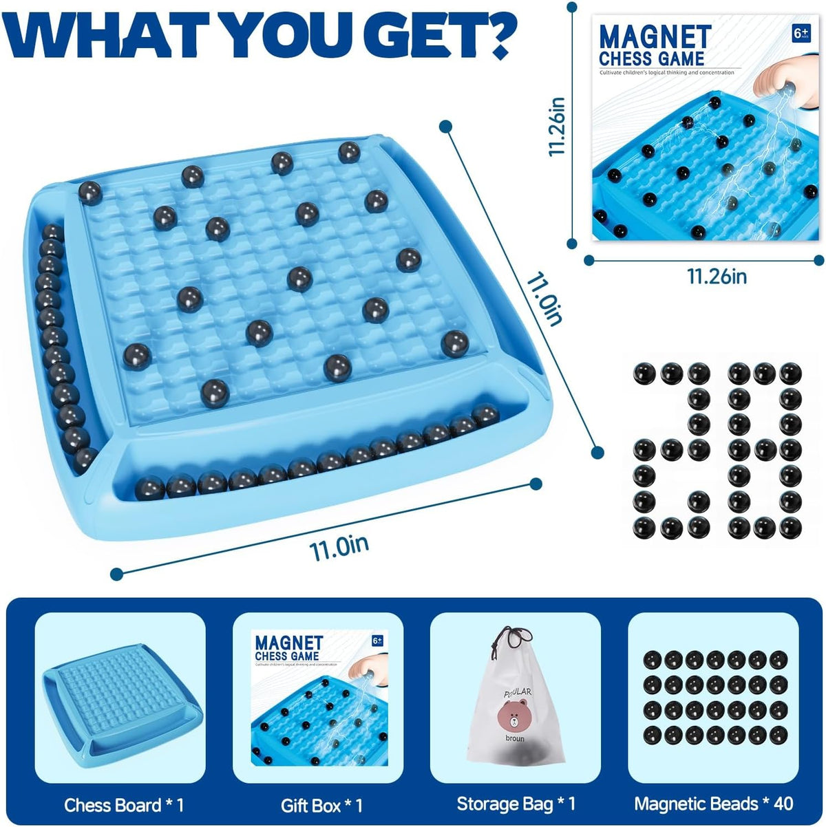 What you get with the Magnetic Chess Game: board, gift box, storage bag and magnetic stones