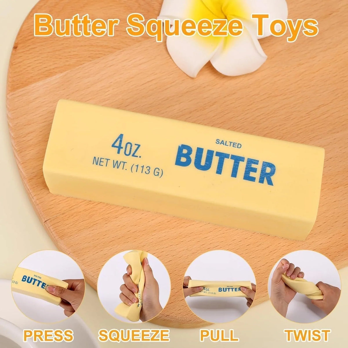 Butter stick squishy shown being squeezed, stretched and twisted