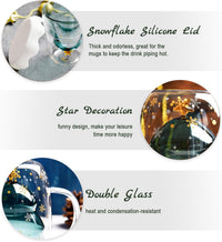 Christmas tree glass mug features: snowflake silicone lid, star decoration, double glass