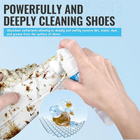 Foam shoe cleaner removing dirt and stains from a white sneaker
