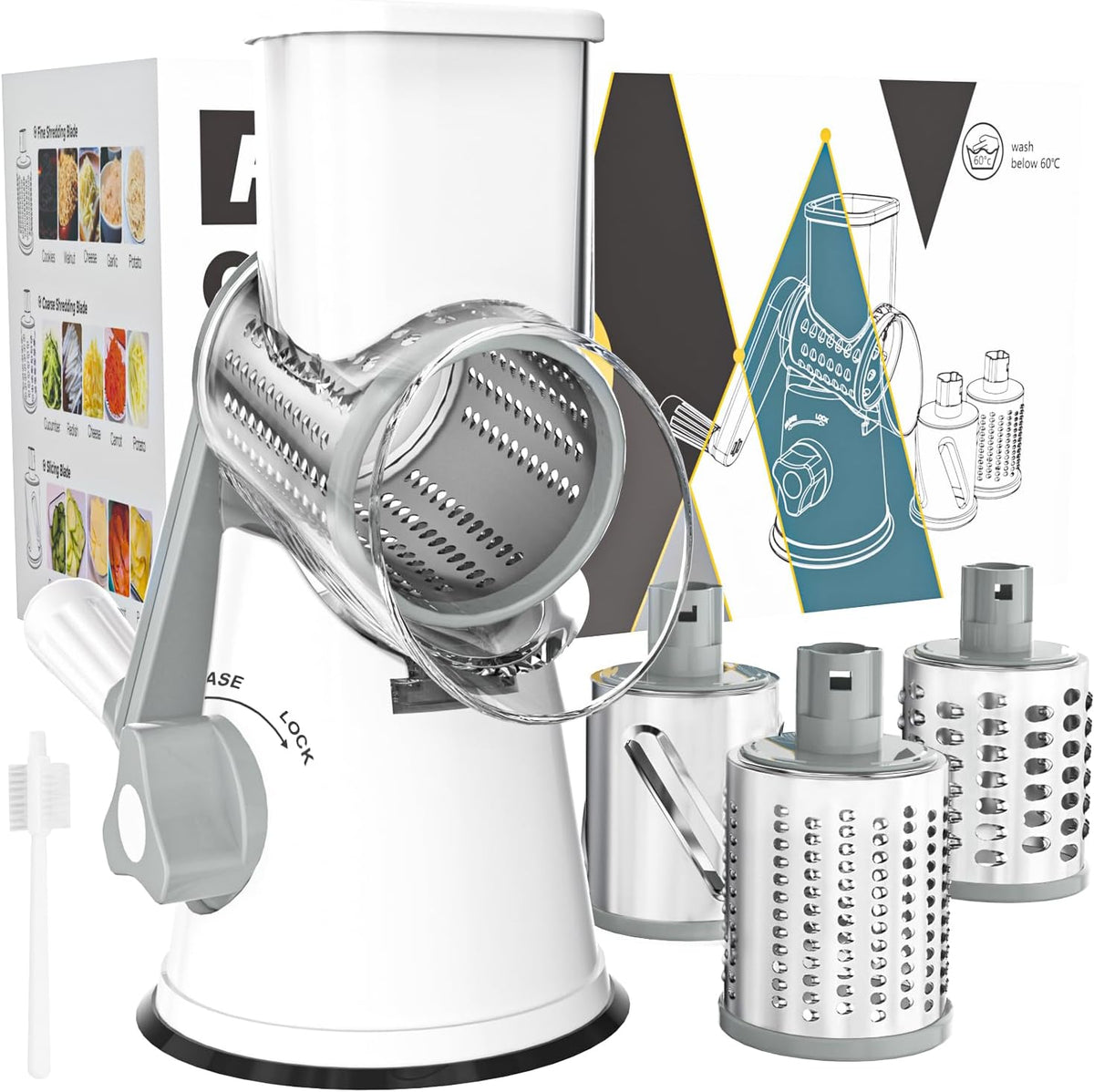 Rotary vegetables grater and slicer with 3 drum blades