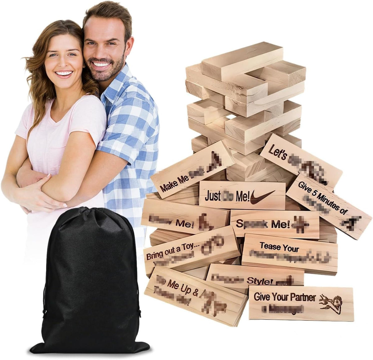 Couples block tower dare game with 54 wooden blocks and storage bag