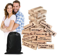 Couples block tower dare game with 54 wooden blocks and storage bag