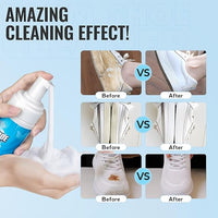 Before and after cleaning white shoes with foam shoe cleaner