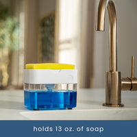Press-down dish soap dispenser with sponge holder