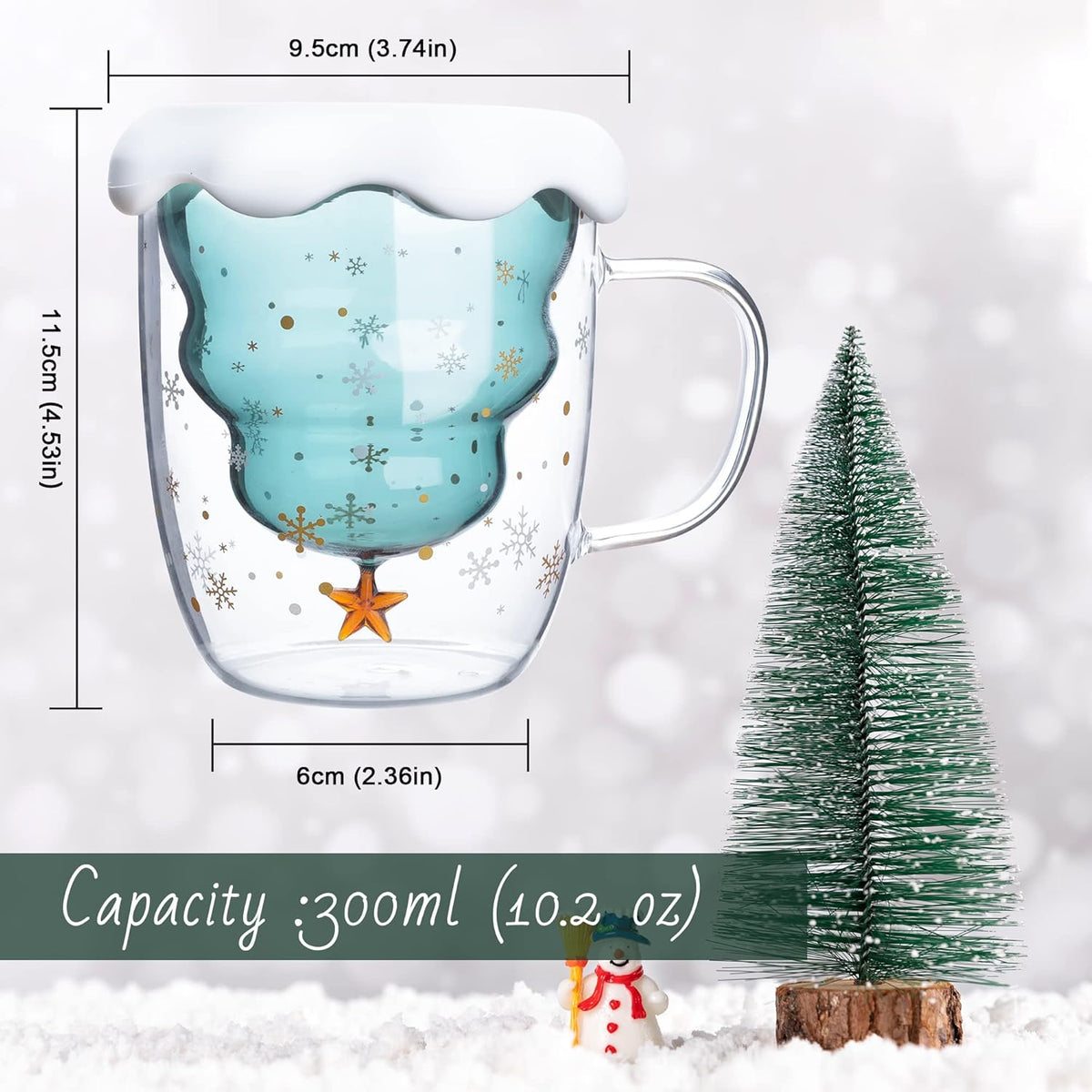 Christmas tree glass mug measurements: 11.5 cm high, 9.5 cm wide, 6 cm base, 300 ml