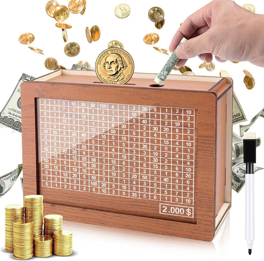 Wooden Money Saving Cash Box with Pen