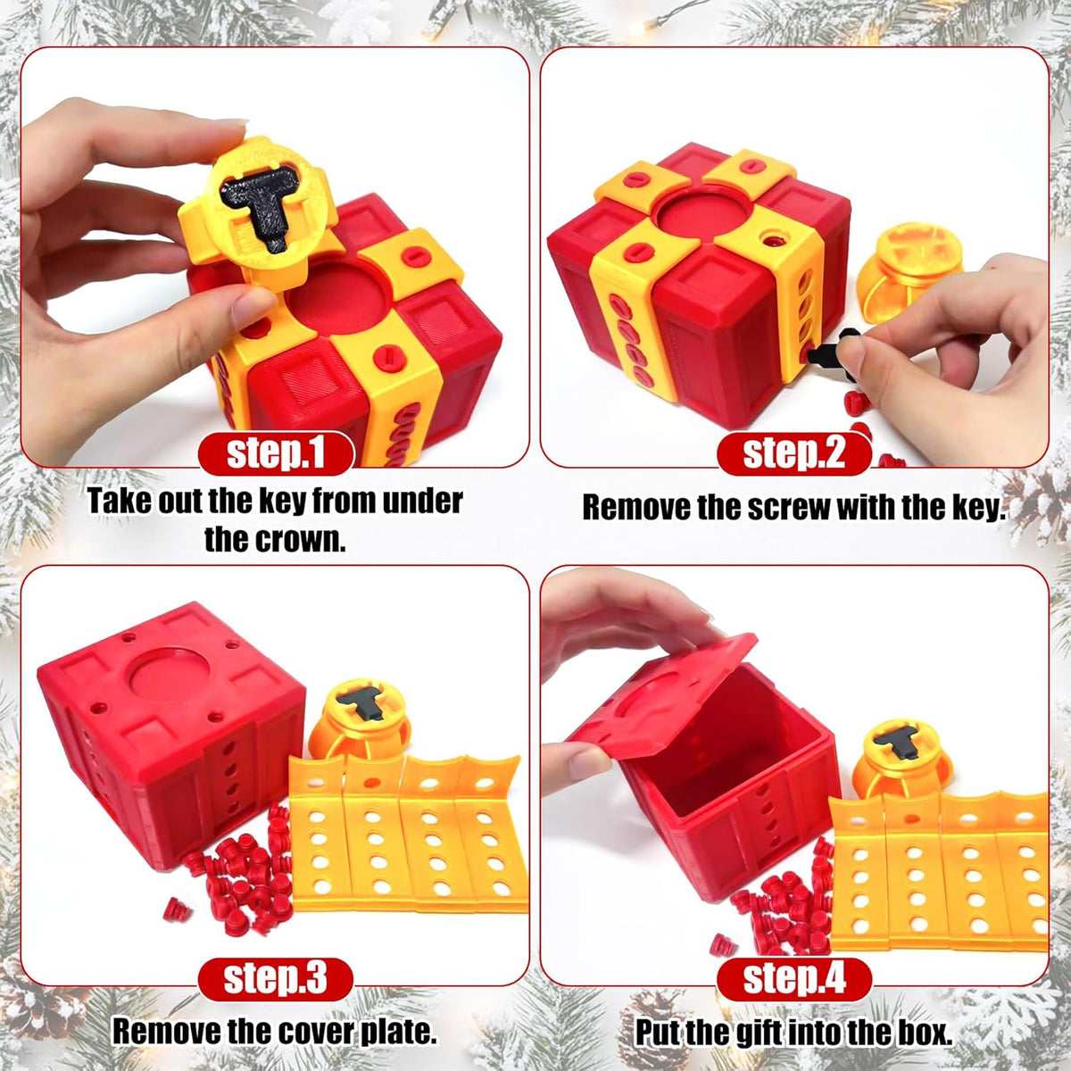 How to open the prank gift box: take the key from under the bow, remove the screws, lift the cover plate and put the gift inside