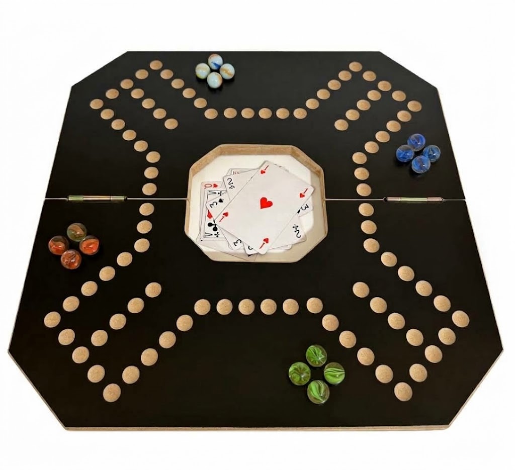 Jackaroo 4-player board with marbles in 4 colors and playing cards in the center tray