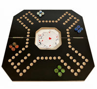 Jackaroo 4-player board with marbles in 4 colors and playing cards in the center tray