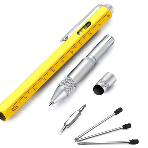 6-in-1 pen taken apart: pen tip, top cap and 2-in-1 screwdriver bit