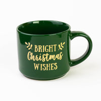 Green Christmas quote mug "Bright Christmas Wishes" in gold lettering