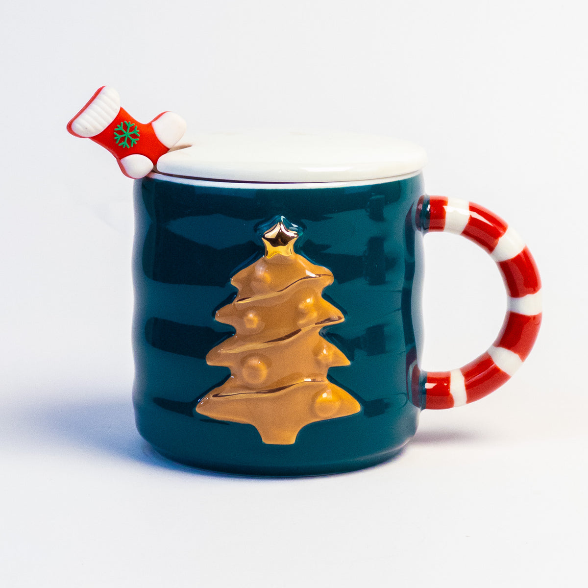 Green ribbed Christmas mug with raised gold tree, candy cane handle and stocking lid