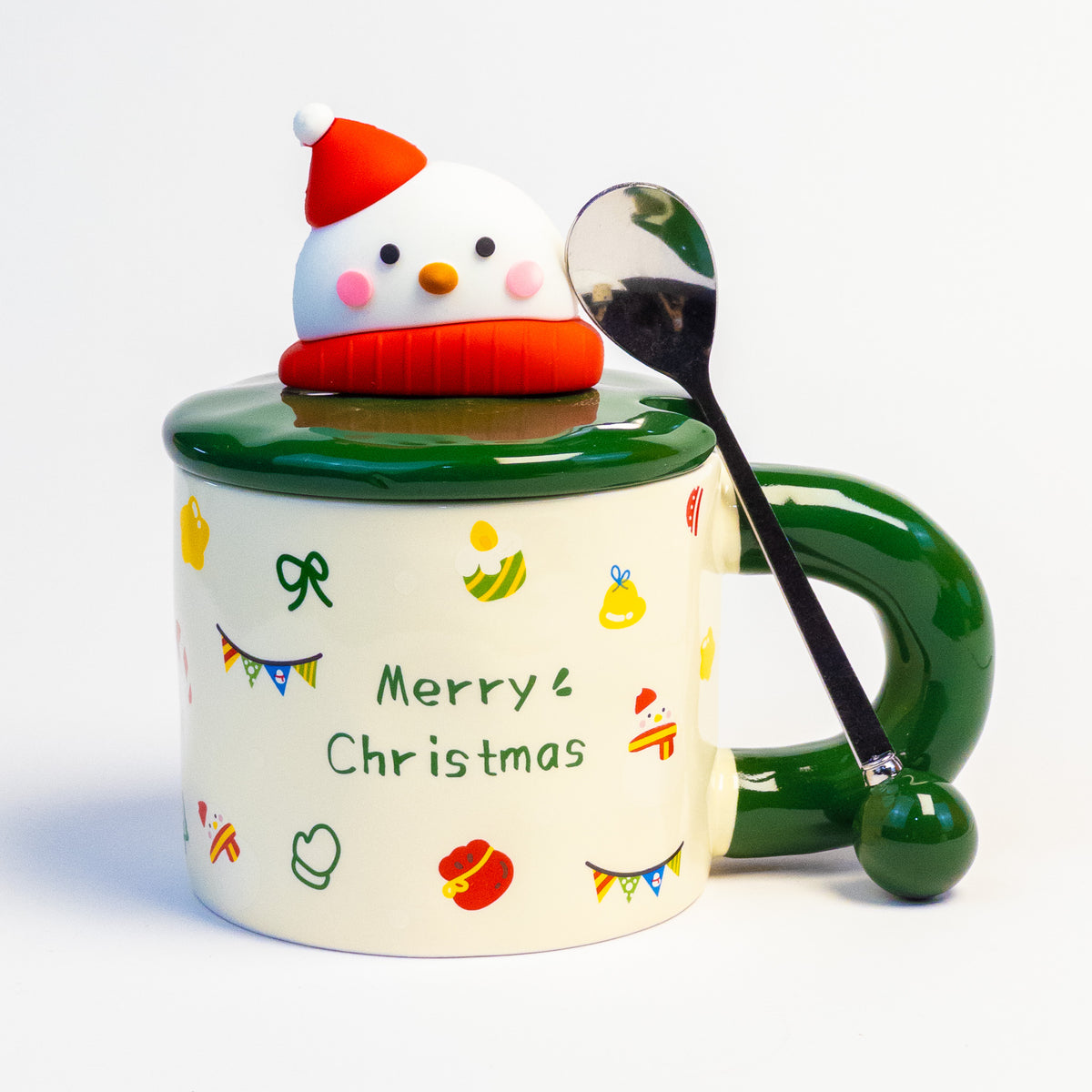 Cream Merry Christmas mug with 3D snowman lid, green handle and spoon