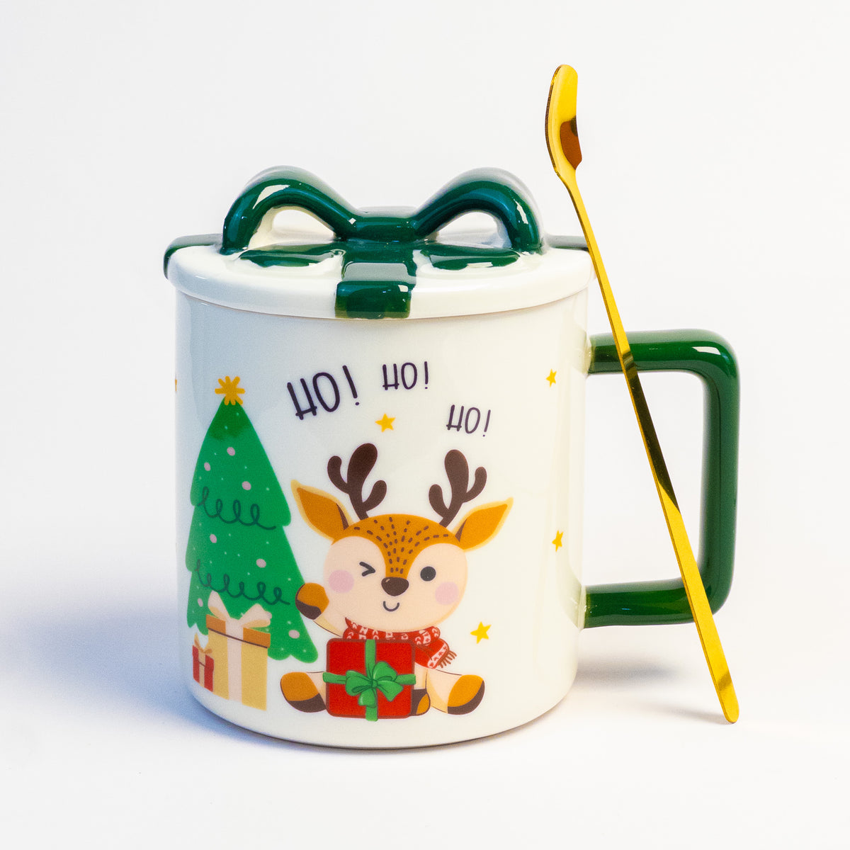 Green gift bow Christmas mug with reindeer and tree, lid and gold spoon