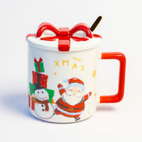 Red gift bow Christmas mug, Santa and snowman XMAS design, side view