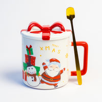 Red gift bow Christmas mug with Santa and snowman, lid and gold spoon
