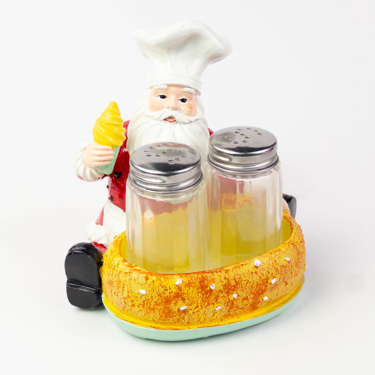 Santa chef salt and pepper holder with 2 glass shakers