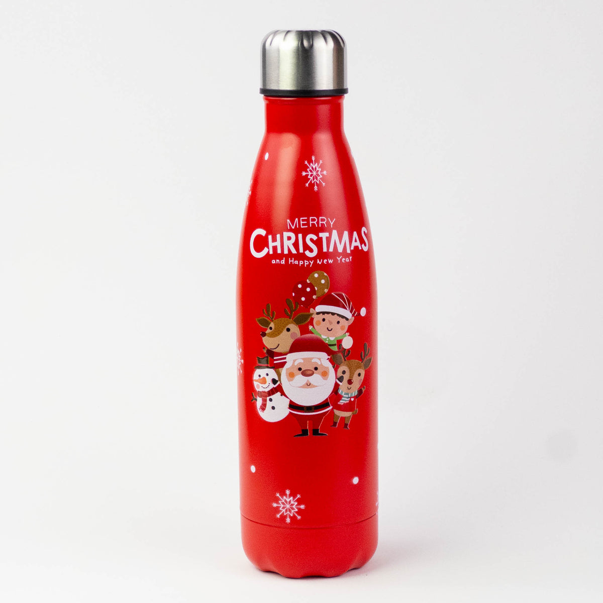 Red Christmas stainless steel bottle with a Santa and friends print