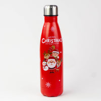 Red Christmas stainless steel bottle with a Santa and friends print