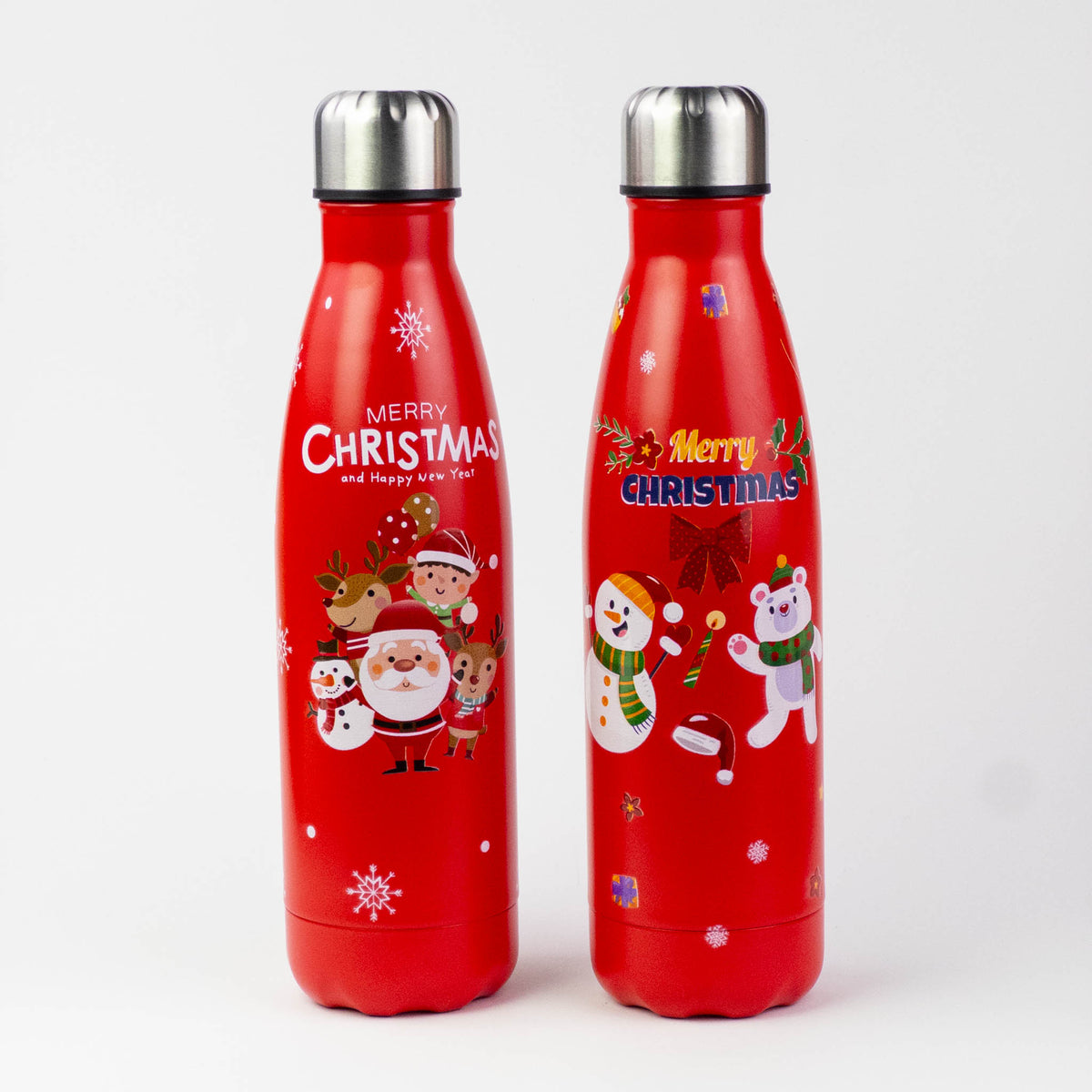Two red Christmas stainless steel bottles
