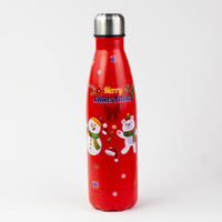 Red Christmas stainless steel bottle with a snowman and polar bear