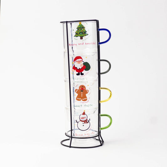 4pc Glass Mug Set with Metal Stand