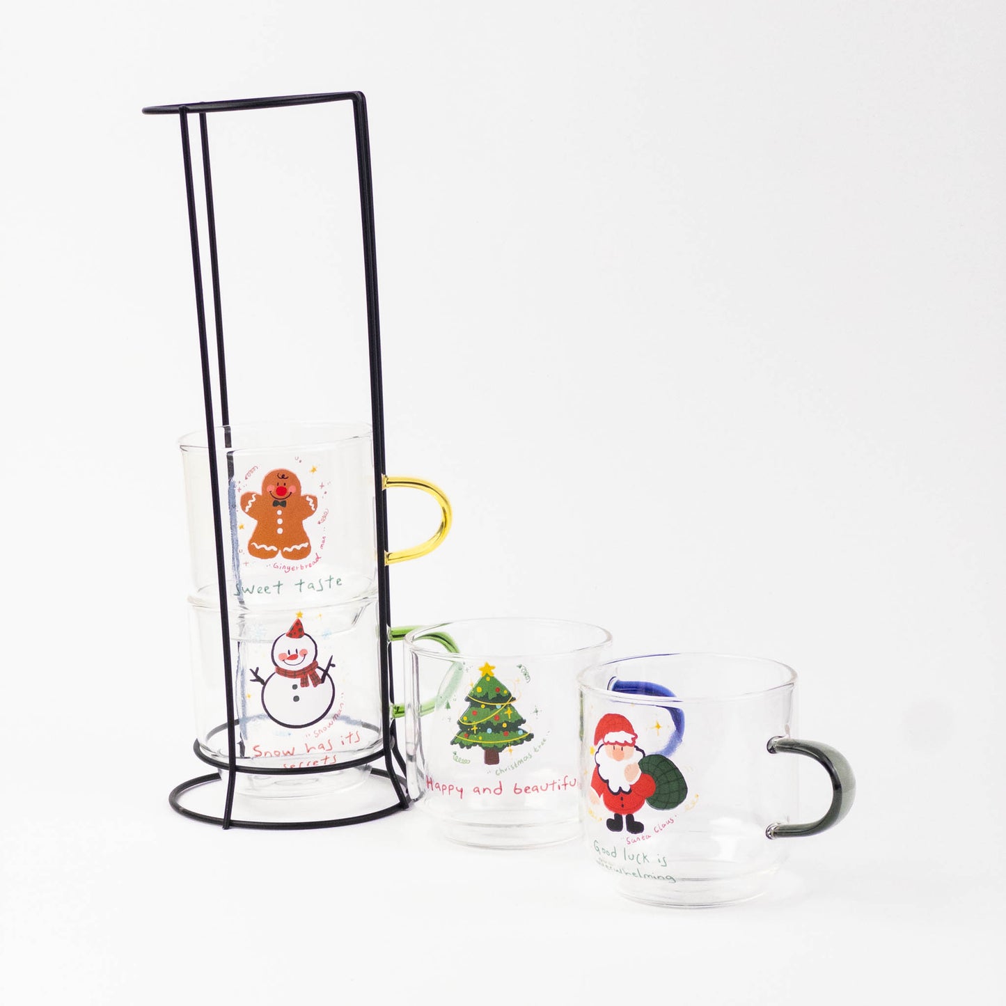 4pc Glass Mug Set with Metal Stand