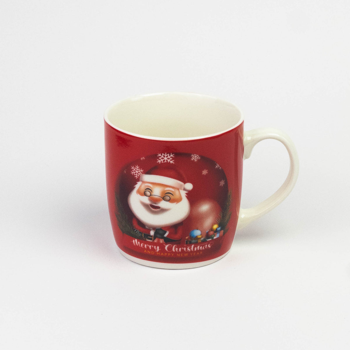 Red ceramic Christmas mug with cartoon Santa and Merry Christmas