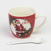 Red Christmas mug with classic Santa print and white ceramic spoon