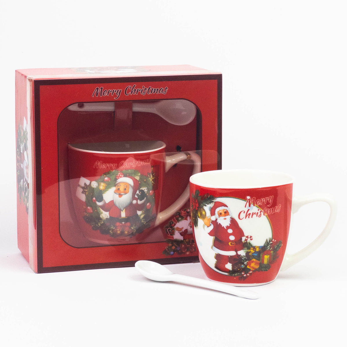 Christmas Santa mug with ceramic spoon next to its red Merry Christmas gift box