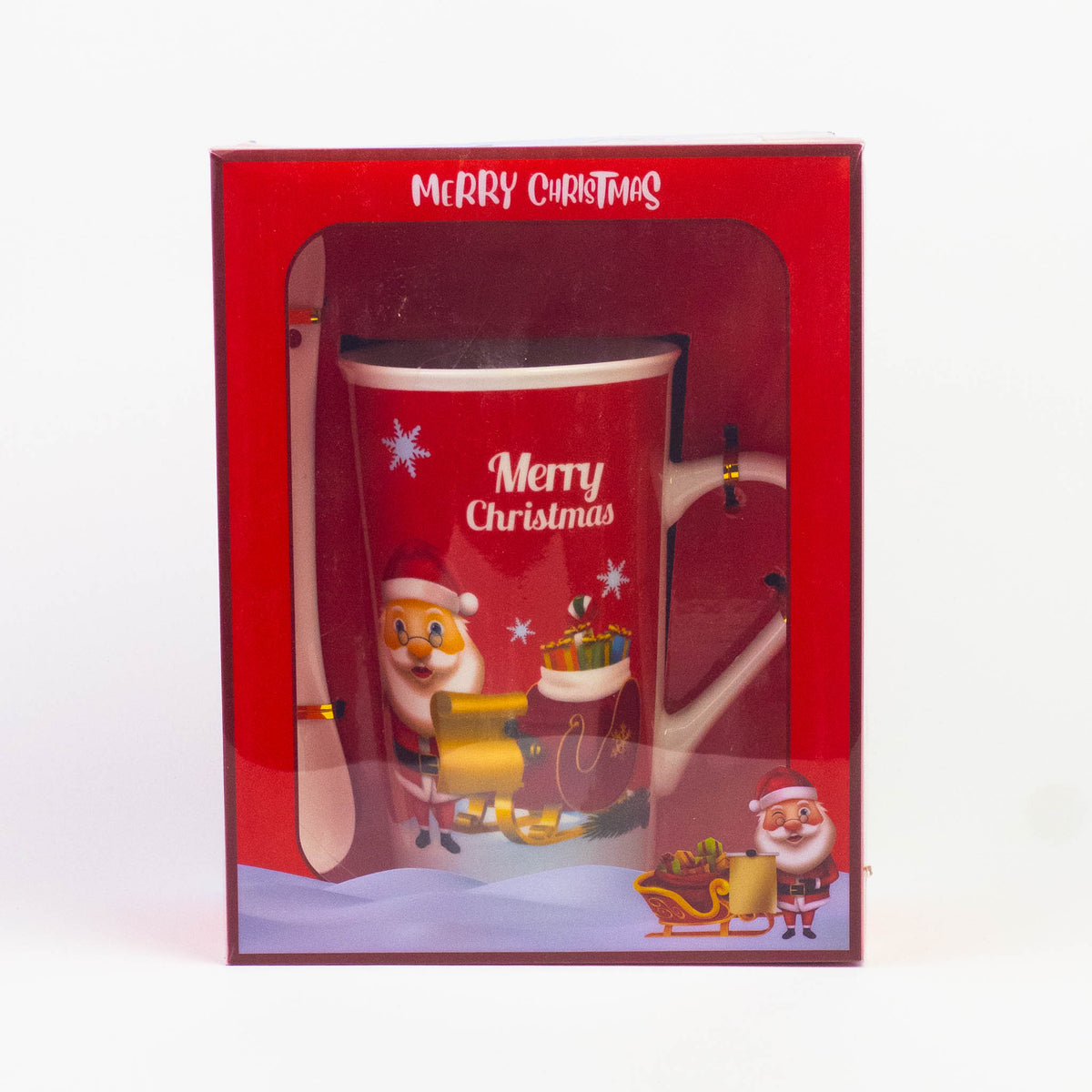 Tall red Christmas mug with Santa and sleigh print in red gift box